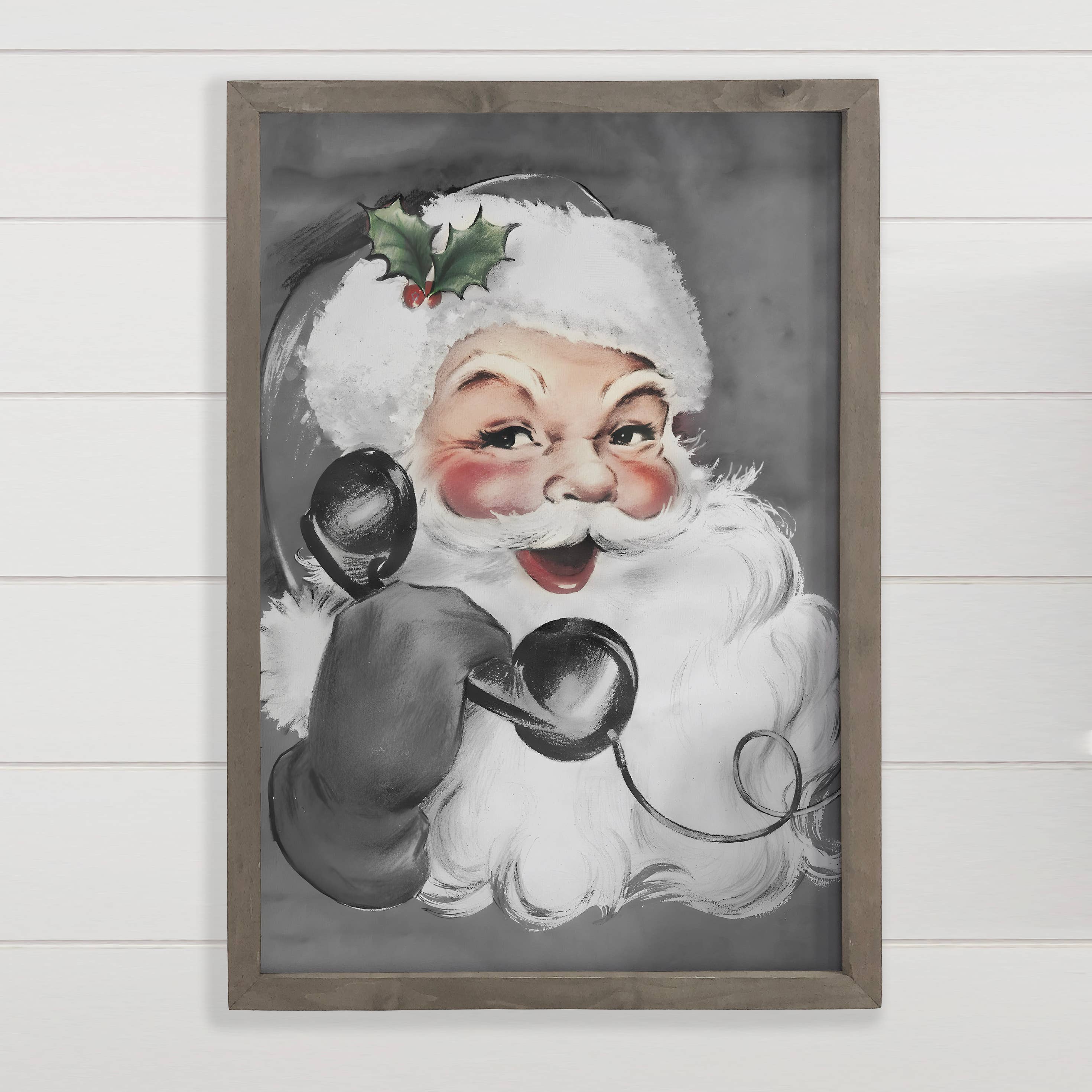 Gray Santa Calling - Framed Holiday Wall Art - Large Canvas