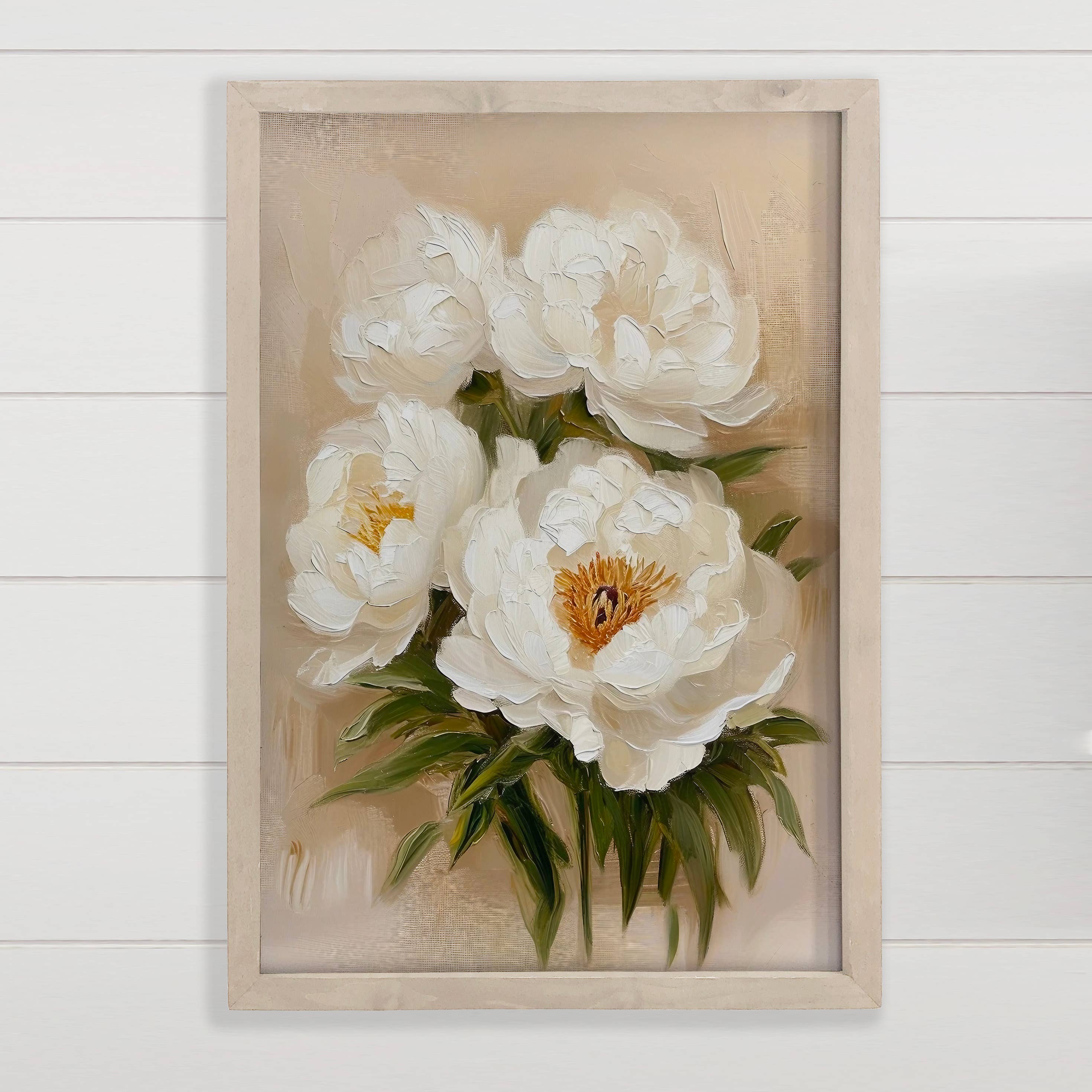 White Peonies Impressionist - Flower Canvas Art - Wood Frame