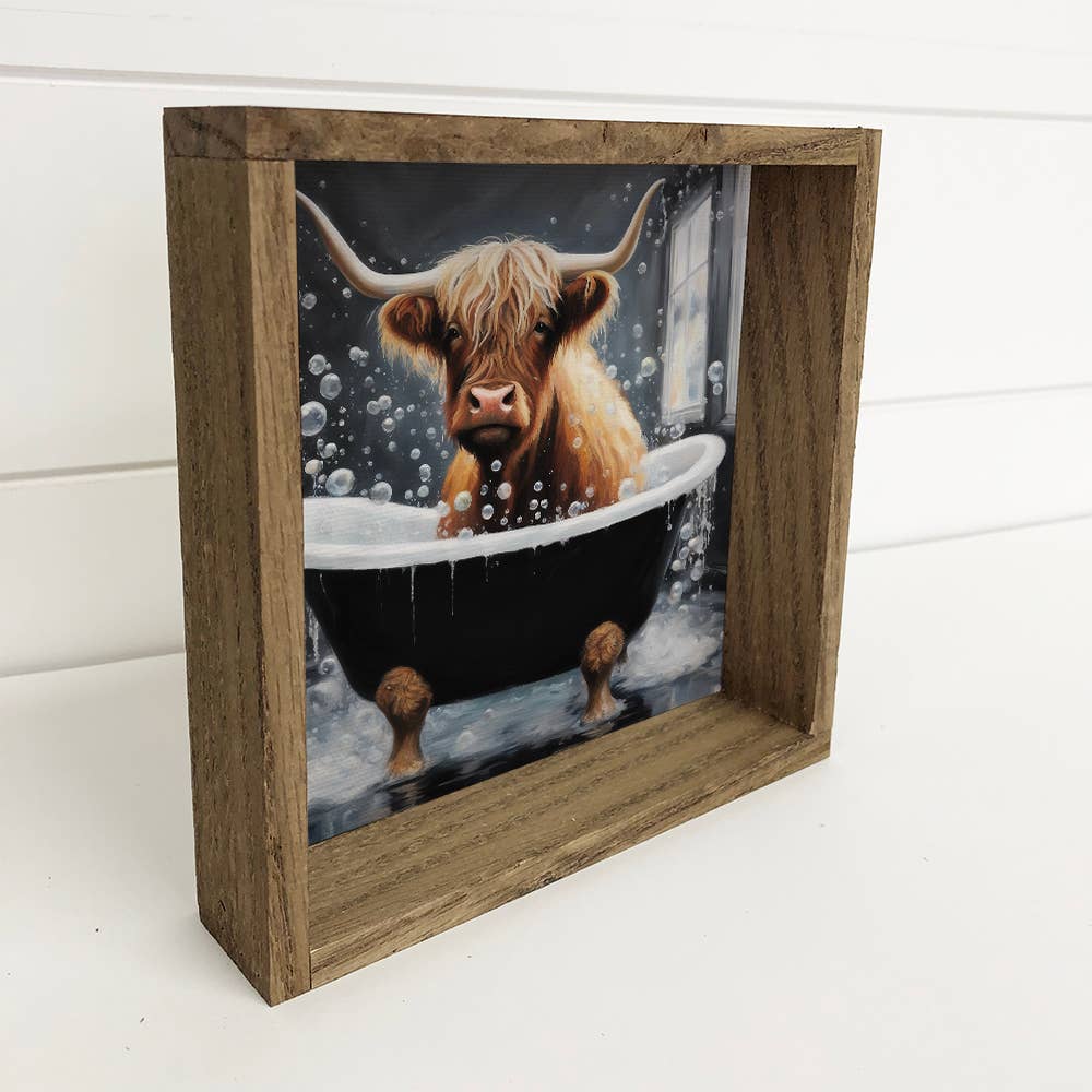 Highland Cow in Black Tub - Wood Framed Canvas Art - Animal