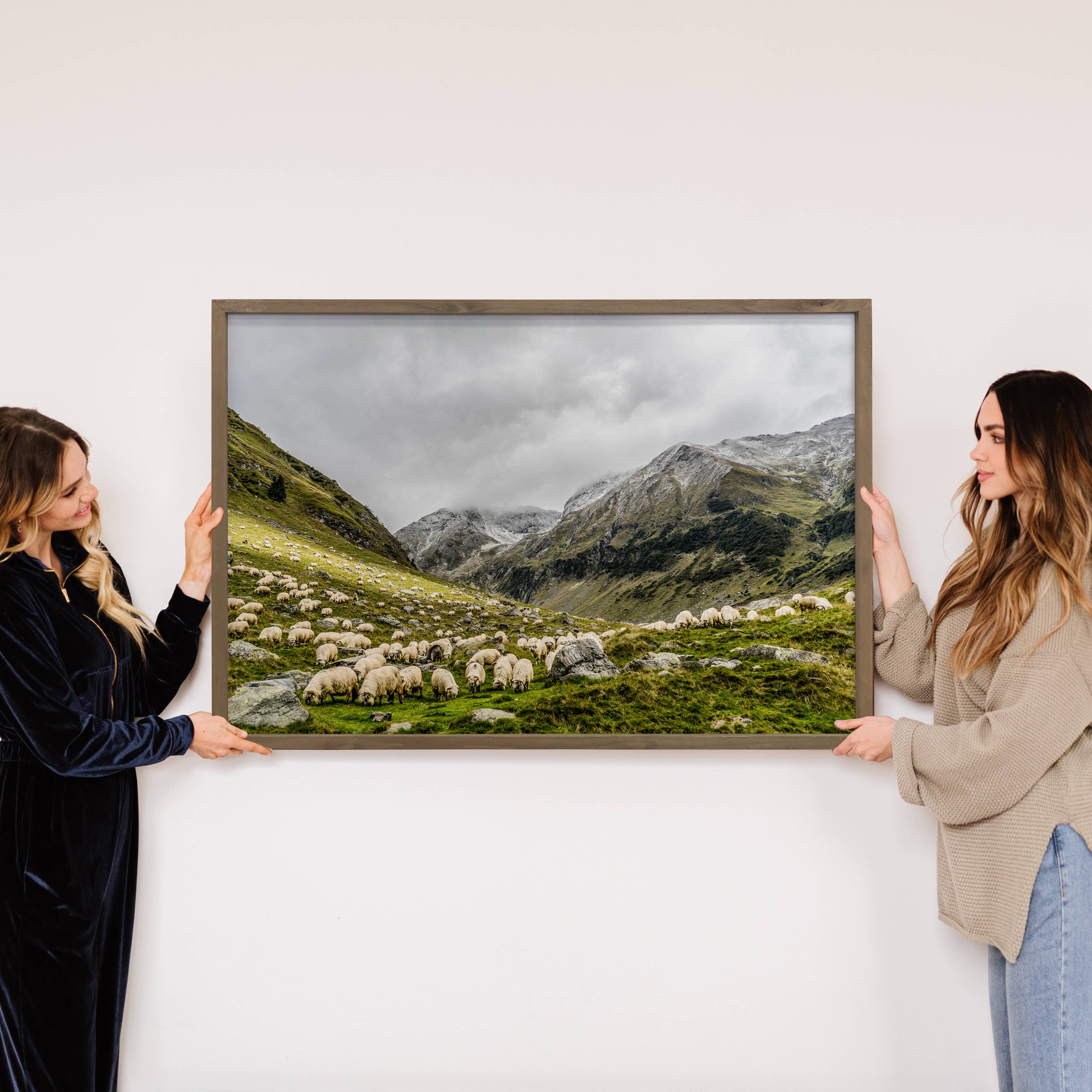 Grazing Sheep in the Mountain - Framed Animal Art -Cabin Art