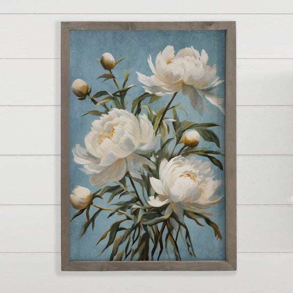 White Peonies Blue Background - Floral Canvas Art -  Framed