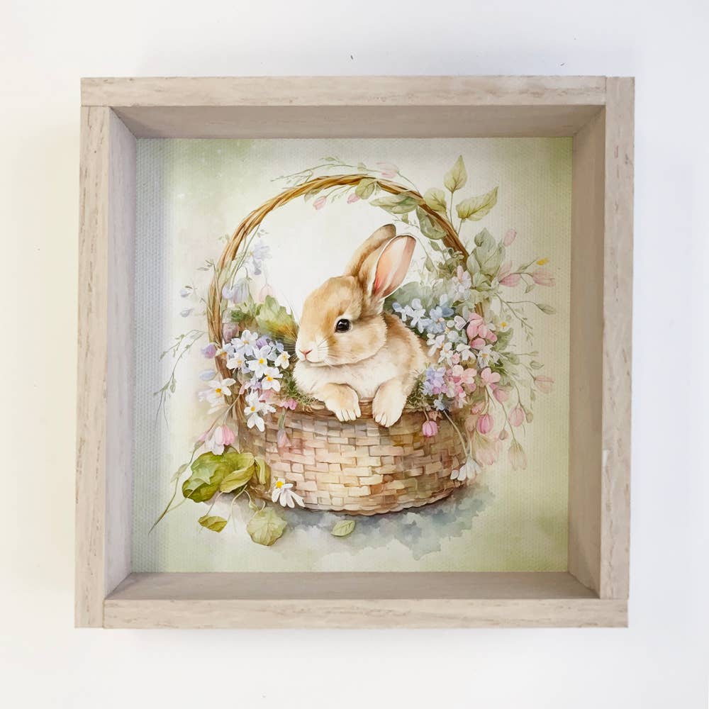 Easter Bunny in Basket - Easter Canvas Art - Wood Framed Art