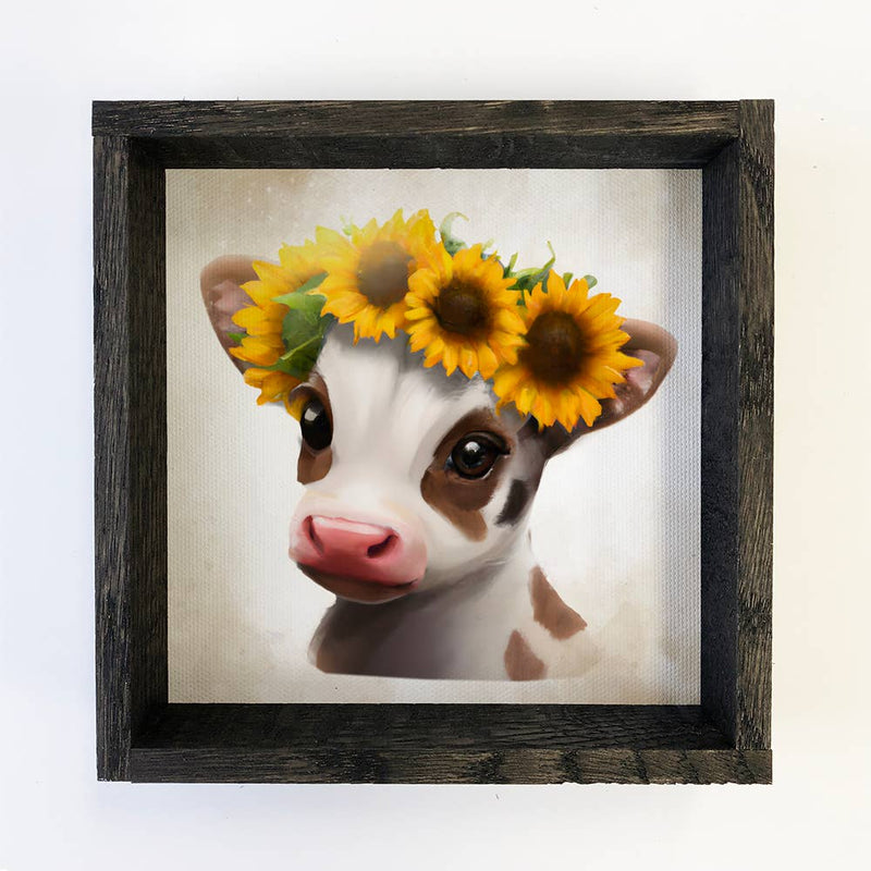 Cute Cow Farmhouse Sign - Baby Calf with Sunflowers Art