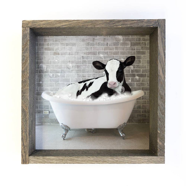 Dairy Cow Bubble Bath Funny Bathroom with Greywash Frame