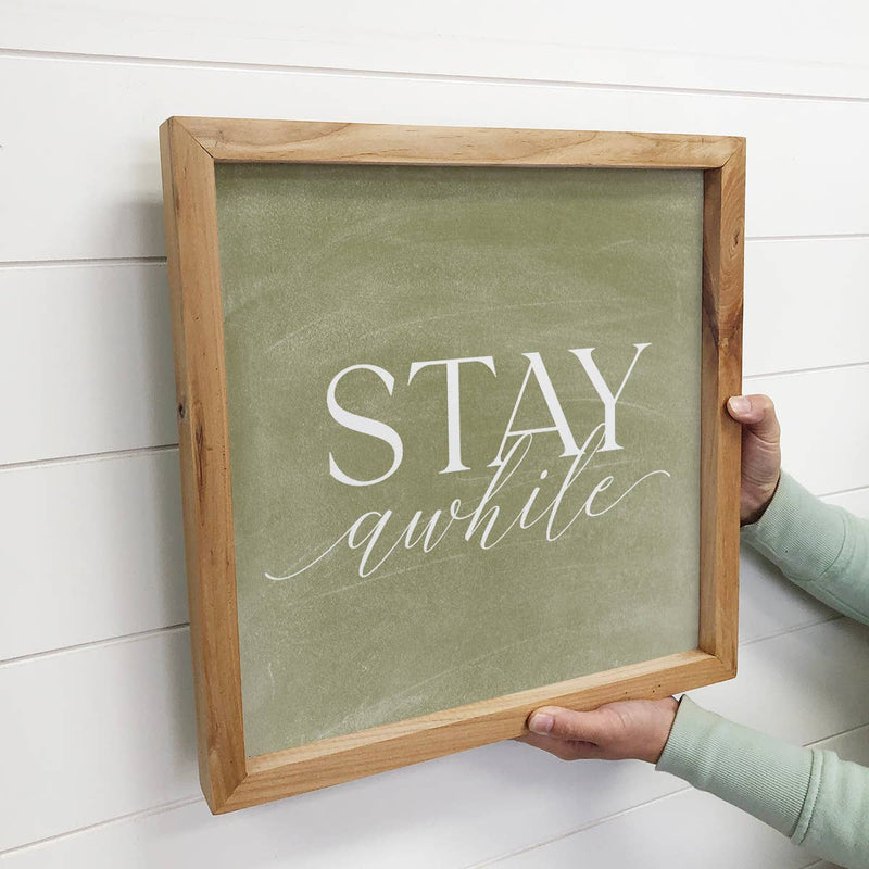 Stay Awhile Small Canvas Wall Art on Green background
