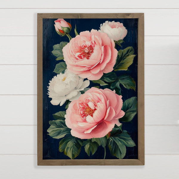 Pink White Roses on Navy - Rose Canvas Art - Wood Framed Art