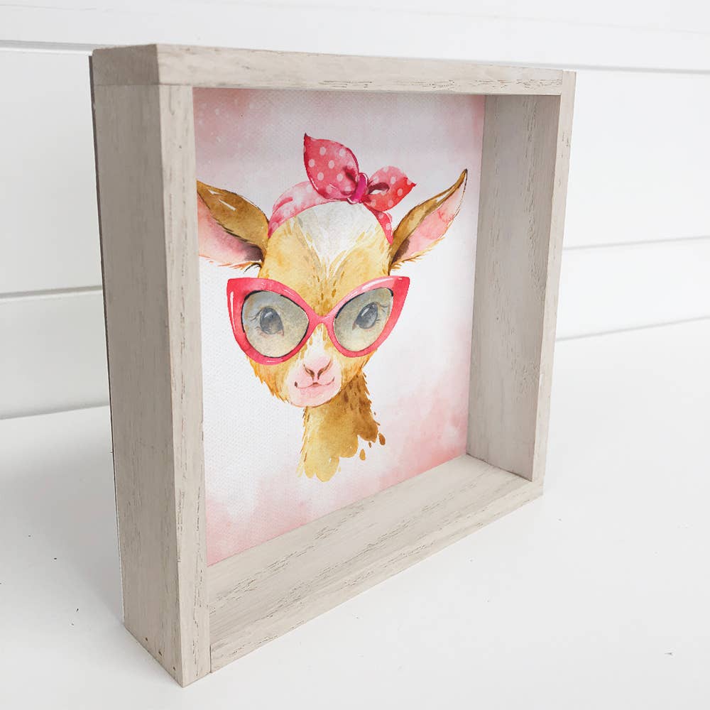 Baby Girl Goat with Sunglasses Whitewash Framed