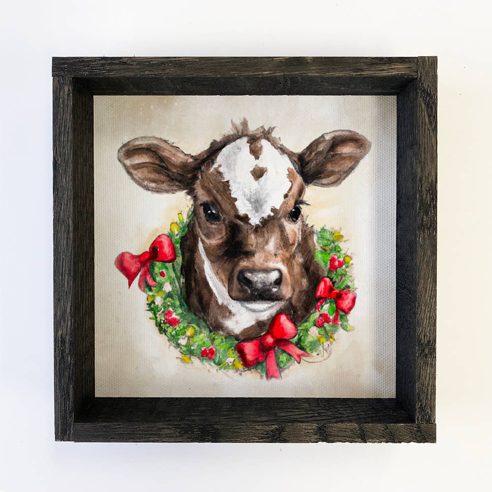 Cow in Christmas Wreath Holiday Farmhouse Small Shelf Decor