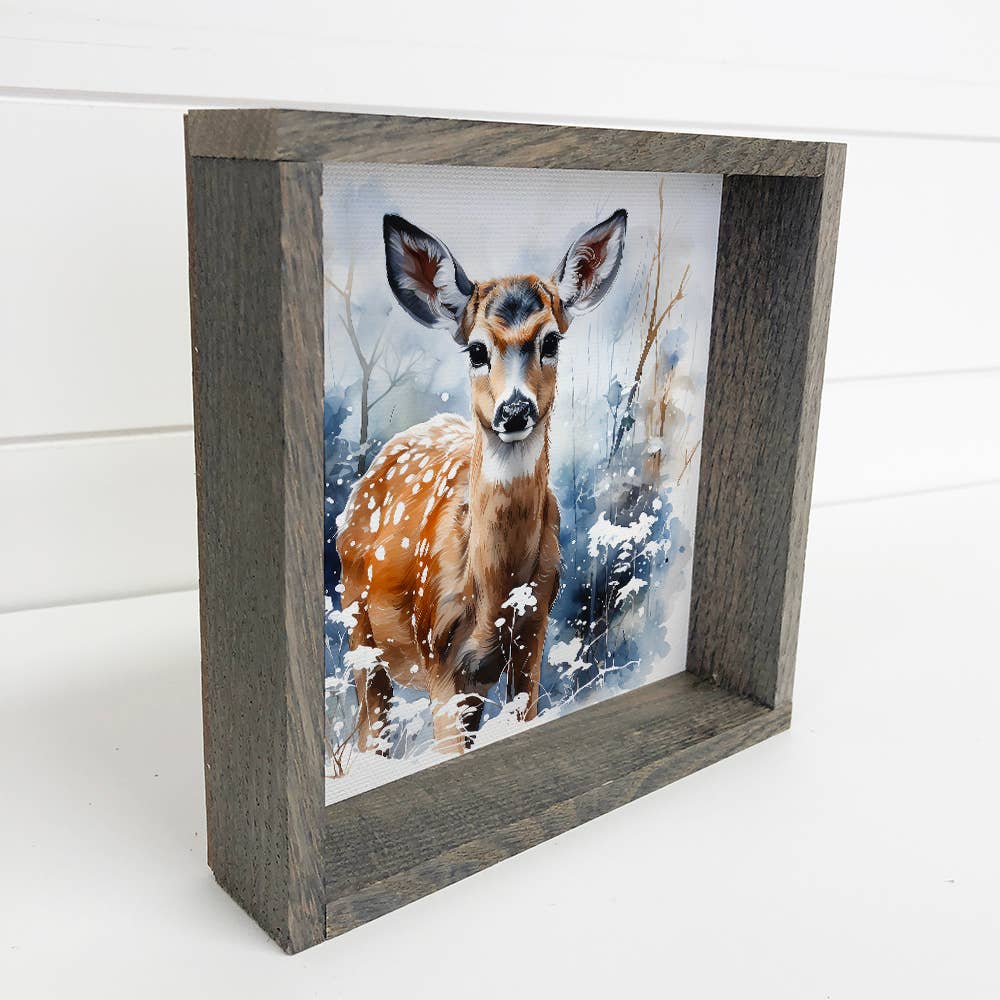 Winter Watercolor Doe Blue - Deer Canvas Art - Wood Framed