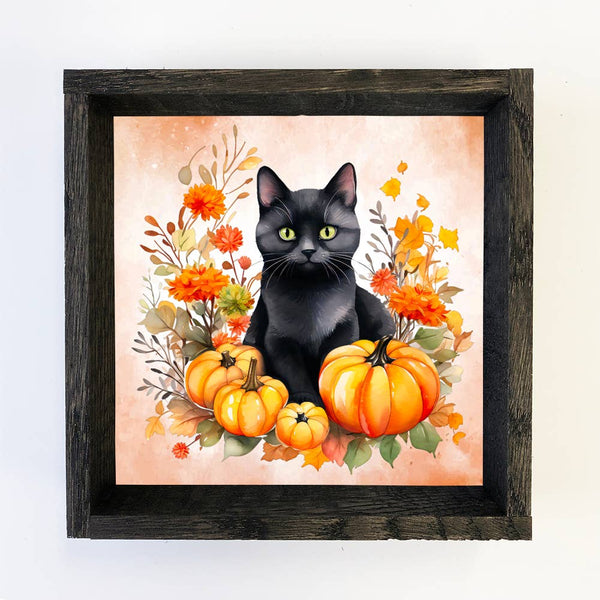 Black Cat  Fall Pumpkins - Fall Season Wall Art - Framed Art