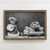 Christmas Cat Sleigh - Christmas Canvas Art with Wood Frame