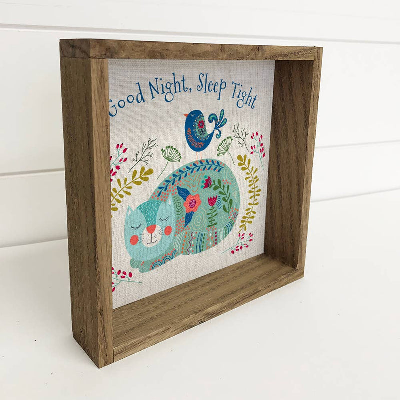 Folk Cat Good Night Sleep Tight Wall Art - Animal Folk Art