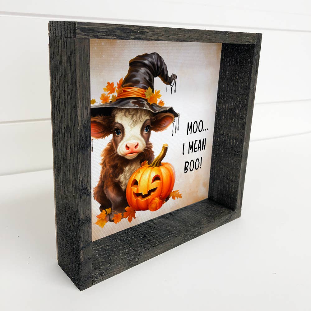 Cow Witch Pumpkin - Cute Baby Animal Fall Art - Framed Art