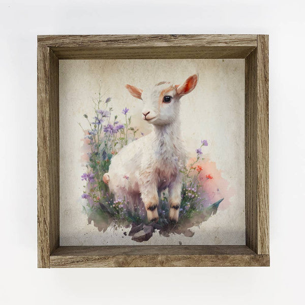 Vintage Goat Flowers - Spring Time Goat Canvas Art - Framed