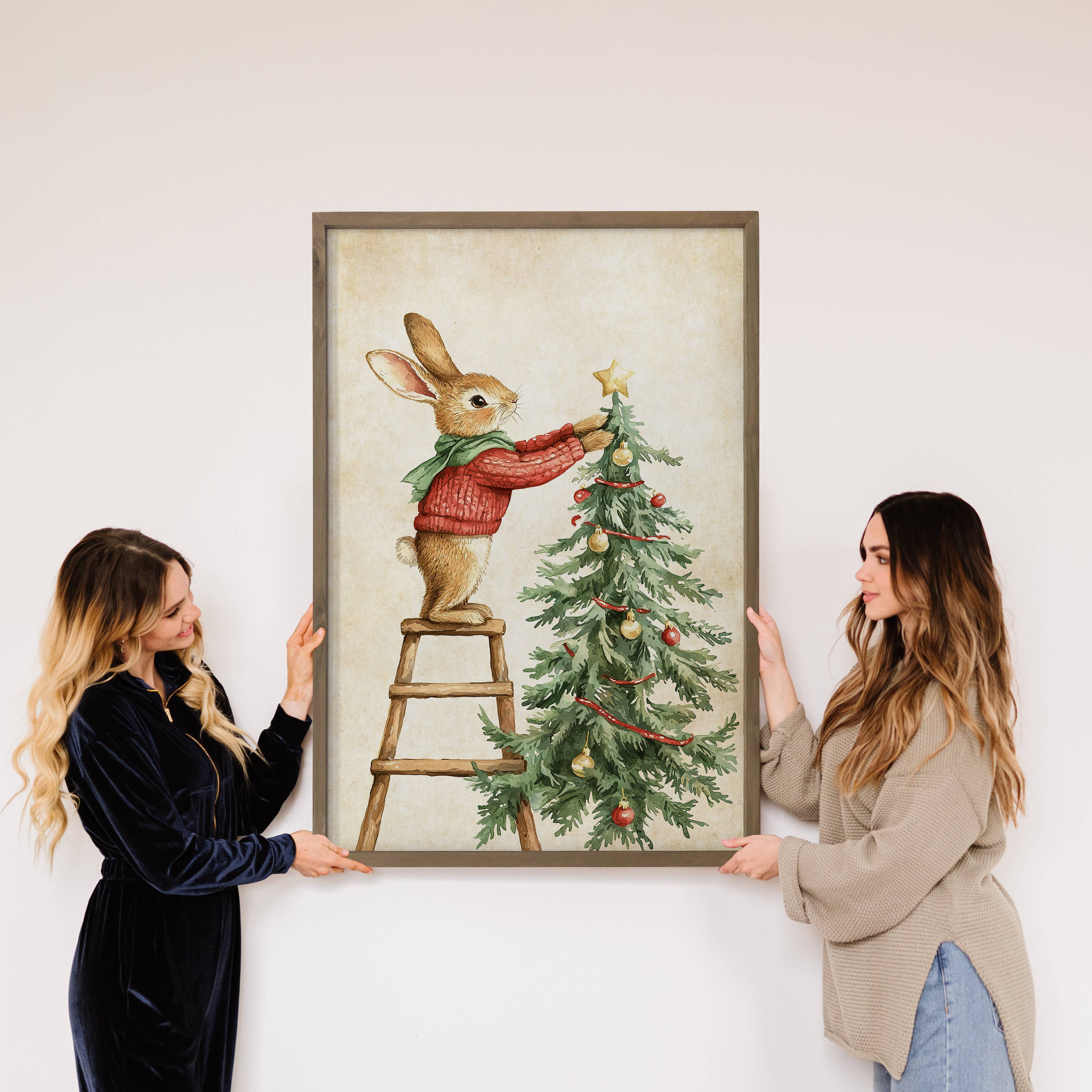 Rabbit Decorating Christmas Tree - Christmas Canvas Art