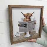 Highland Cow on Toilet Wood Frame Sign - Funny Bathroom Art