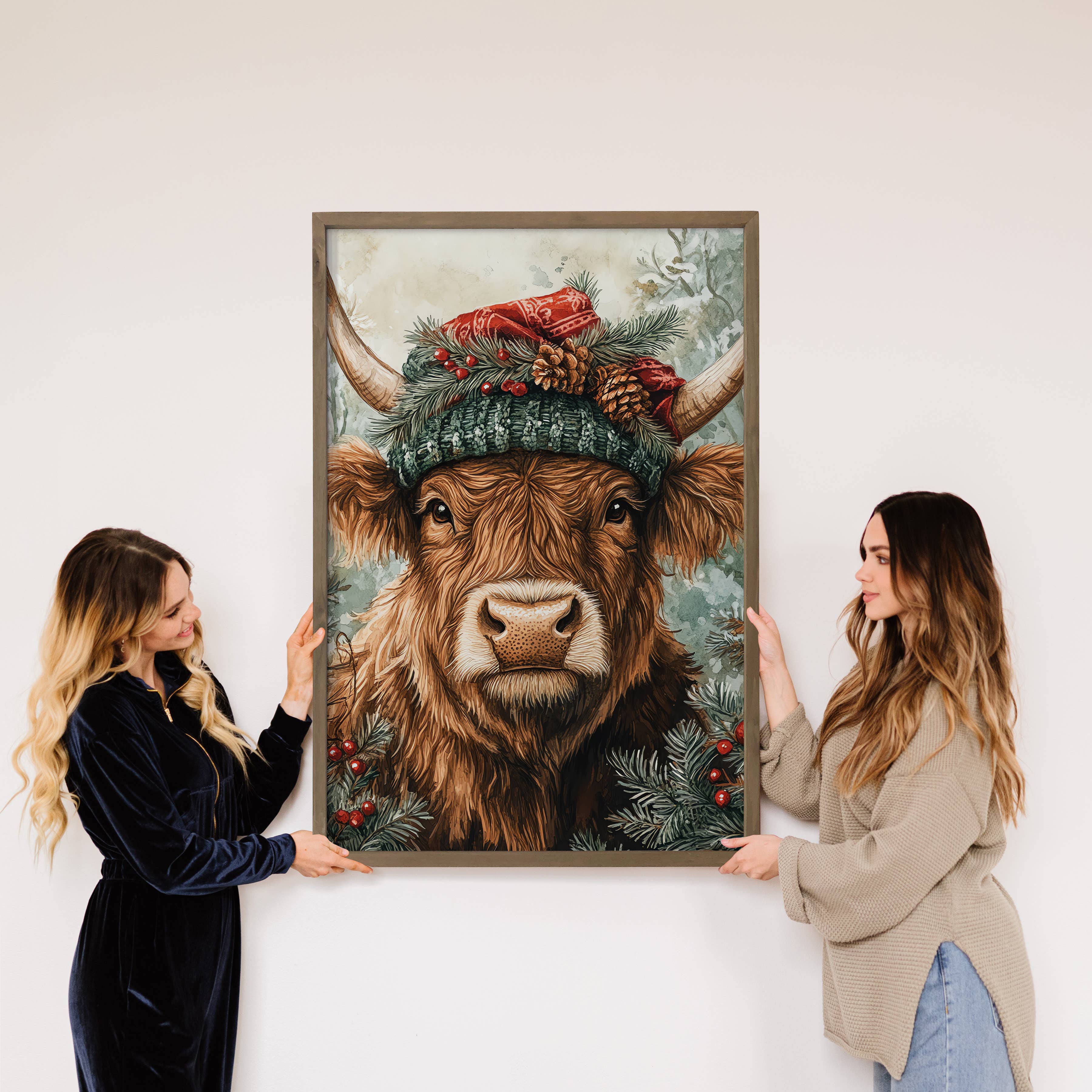 Christmas Winter Long Haired Cow - Holiday Cow Wall Art