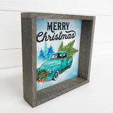 Merry Christmas Blue Truck - Framed Holiday Sign - Old Truck