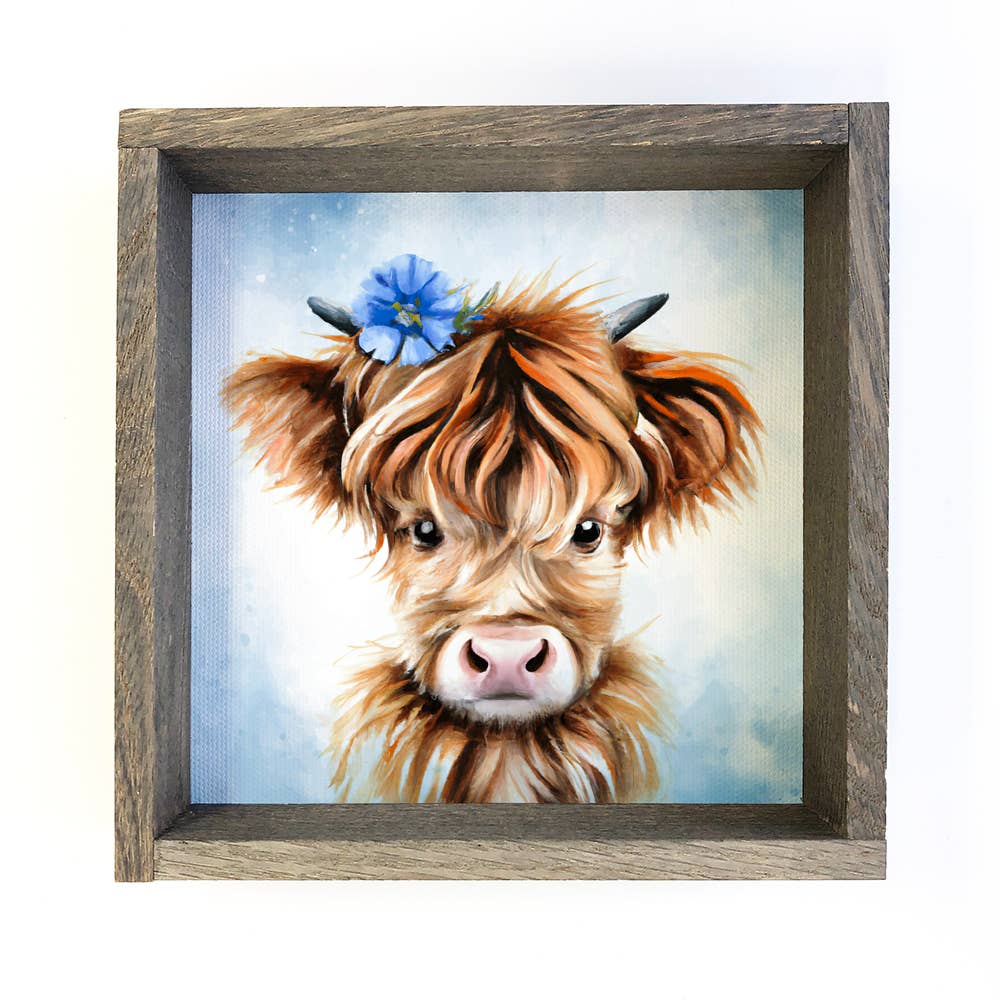 Cute Cow Farmhouse Sign - Highland Calf Blue Flower Design