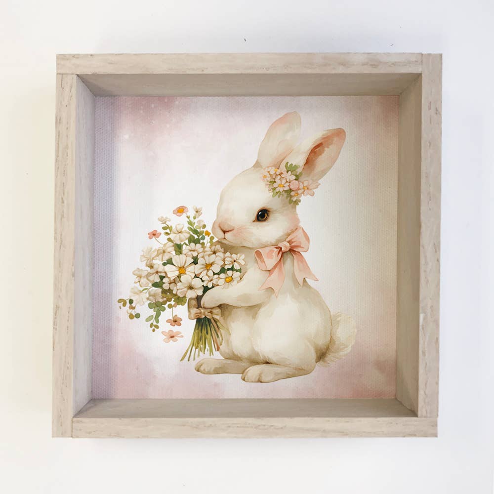 Easter Bunny Pink Bow and Flowers - Easter Canvas Wall Art