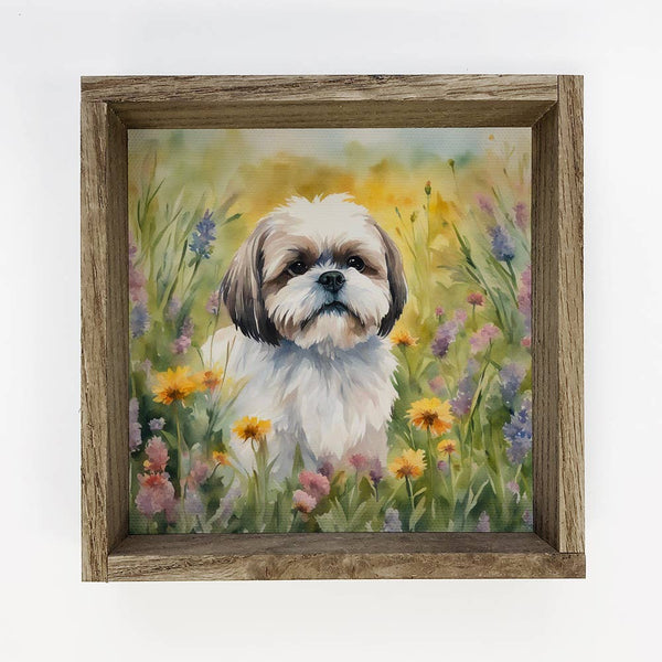 Wildflower Shih Tzu - Springtime Dog Canvas Art - Wood Frame