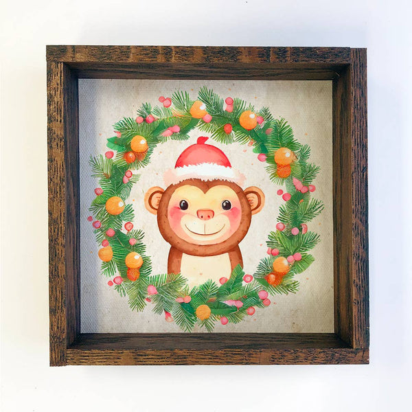 Christmas Wreath Monkey - Cute Holiday Animal - Framed Decor