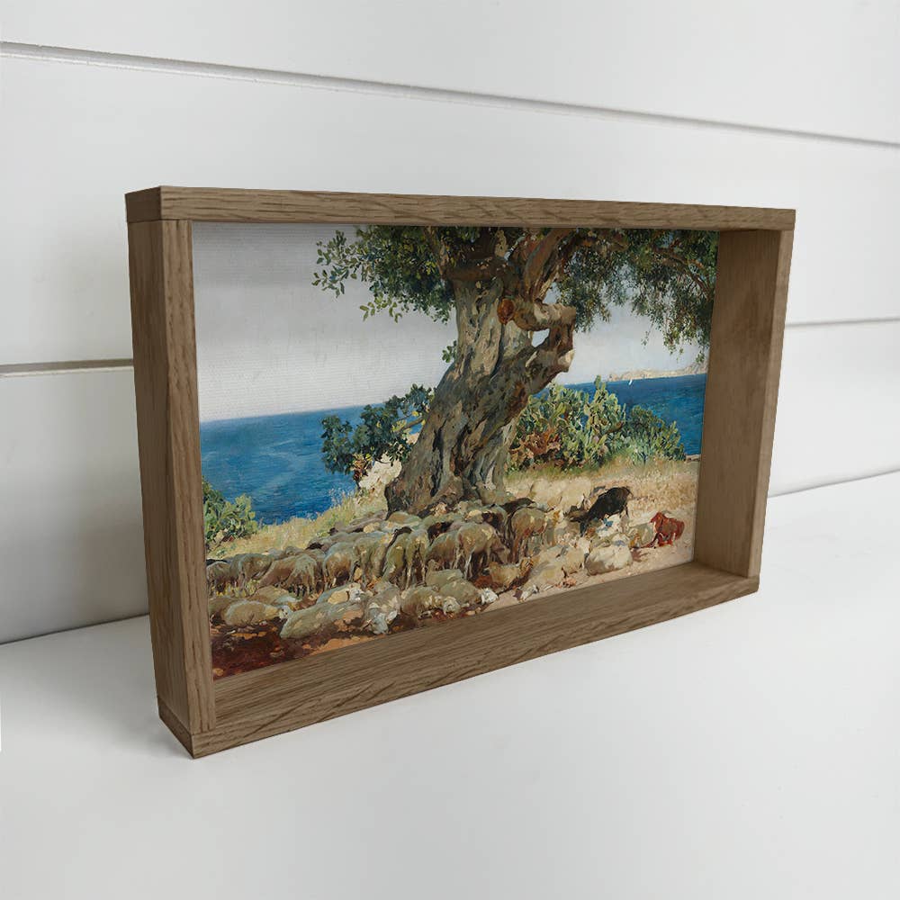 Livestock at the Seaside Tree - Nature Landscape Canvas Art