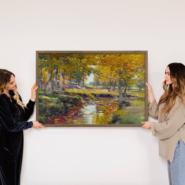 Yellow Fall Stream - Fall Landscape Canvas Art - Wood Framed