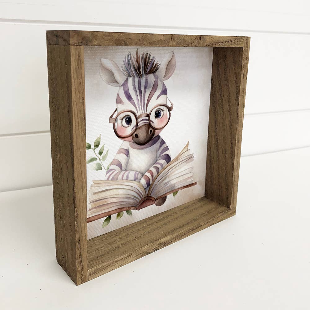 Zebra Reading Book - Cute Zebra Canvas Art - Wood Framed Art