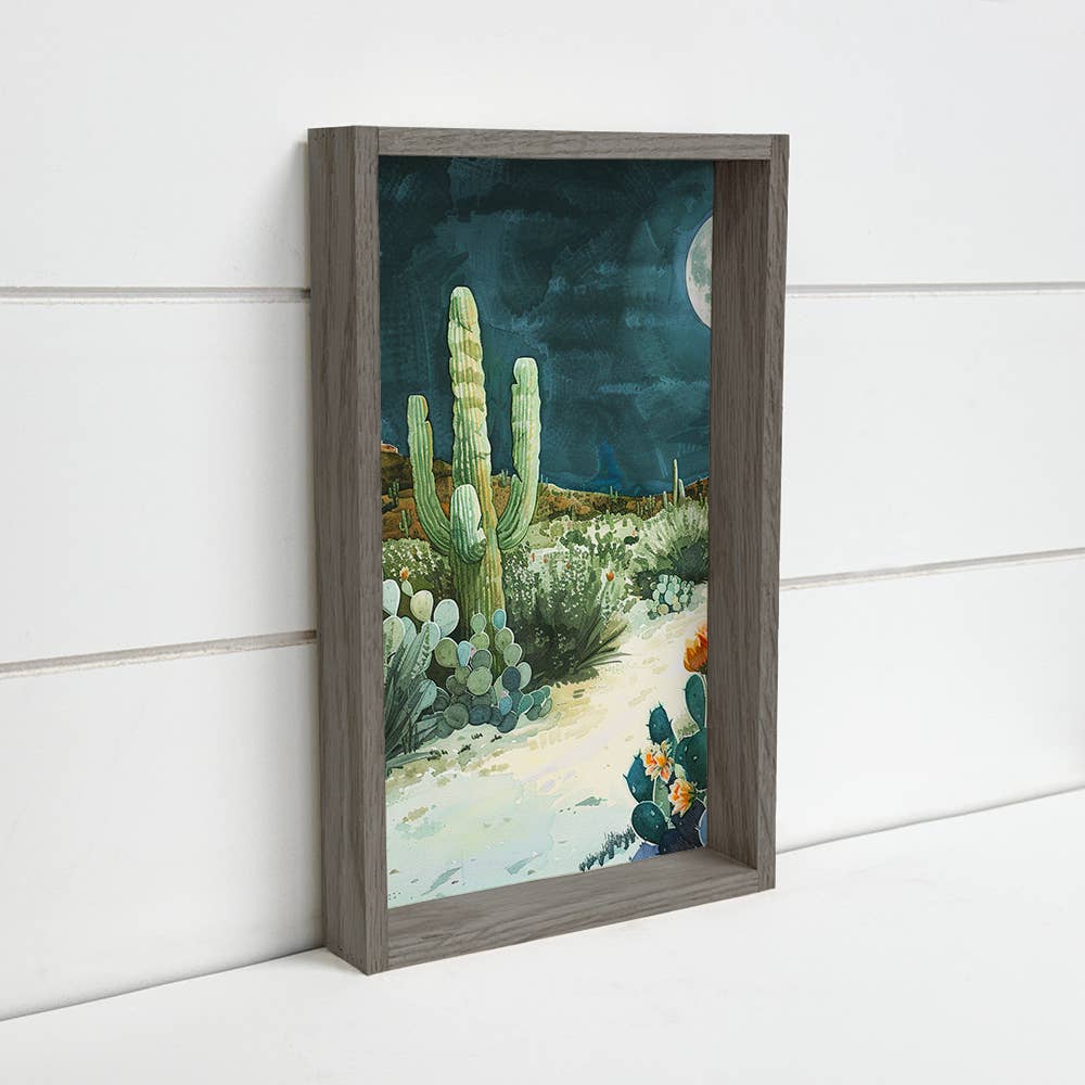 Moonlight Cactus Desert - Desert Canvas Art - Wood Framed