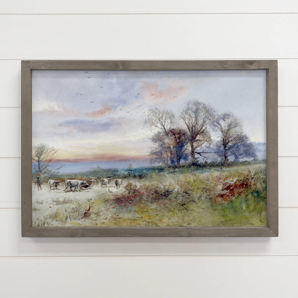 Evening Cattle Drive - Ranch House Canvas Art - Wood Framed