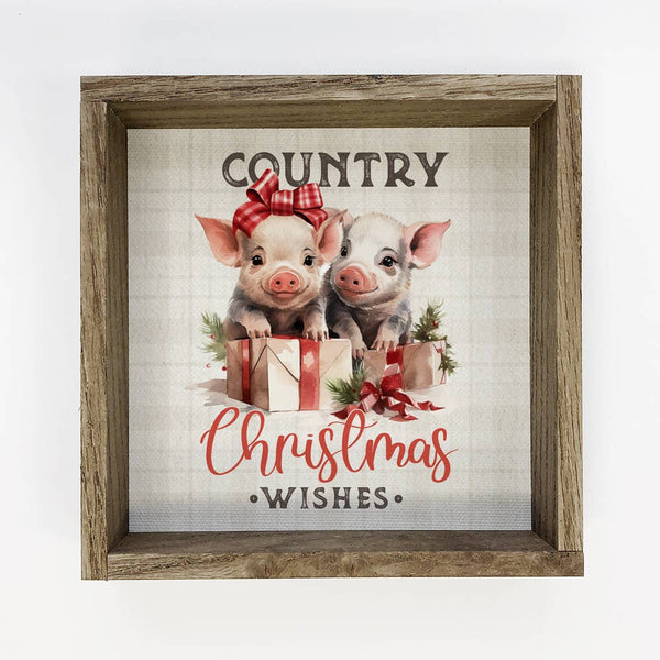 Country Christmas Wishes Pigs - Framed Holiday Canvas Art