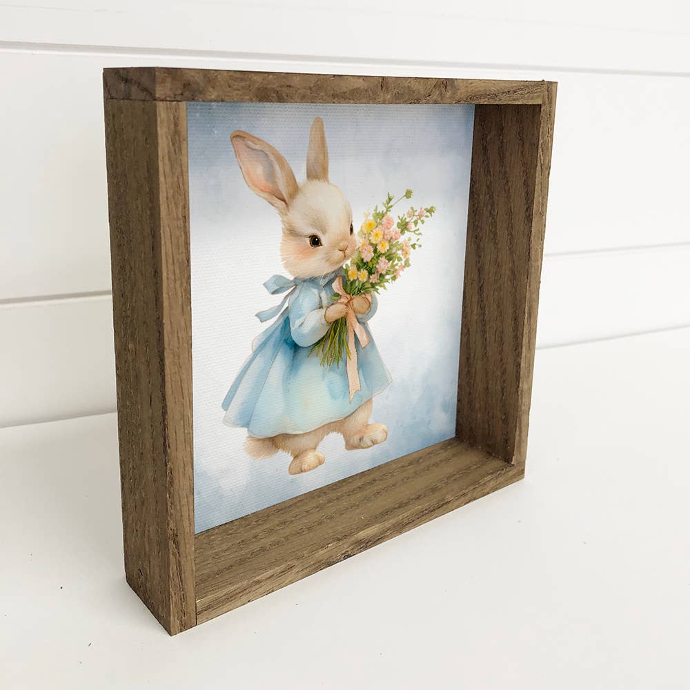 Easter Bunny Flowers Blue Dress - Easter Canvas Art - Framed