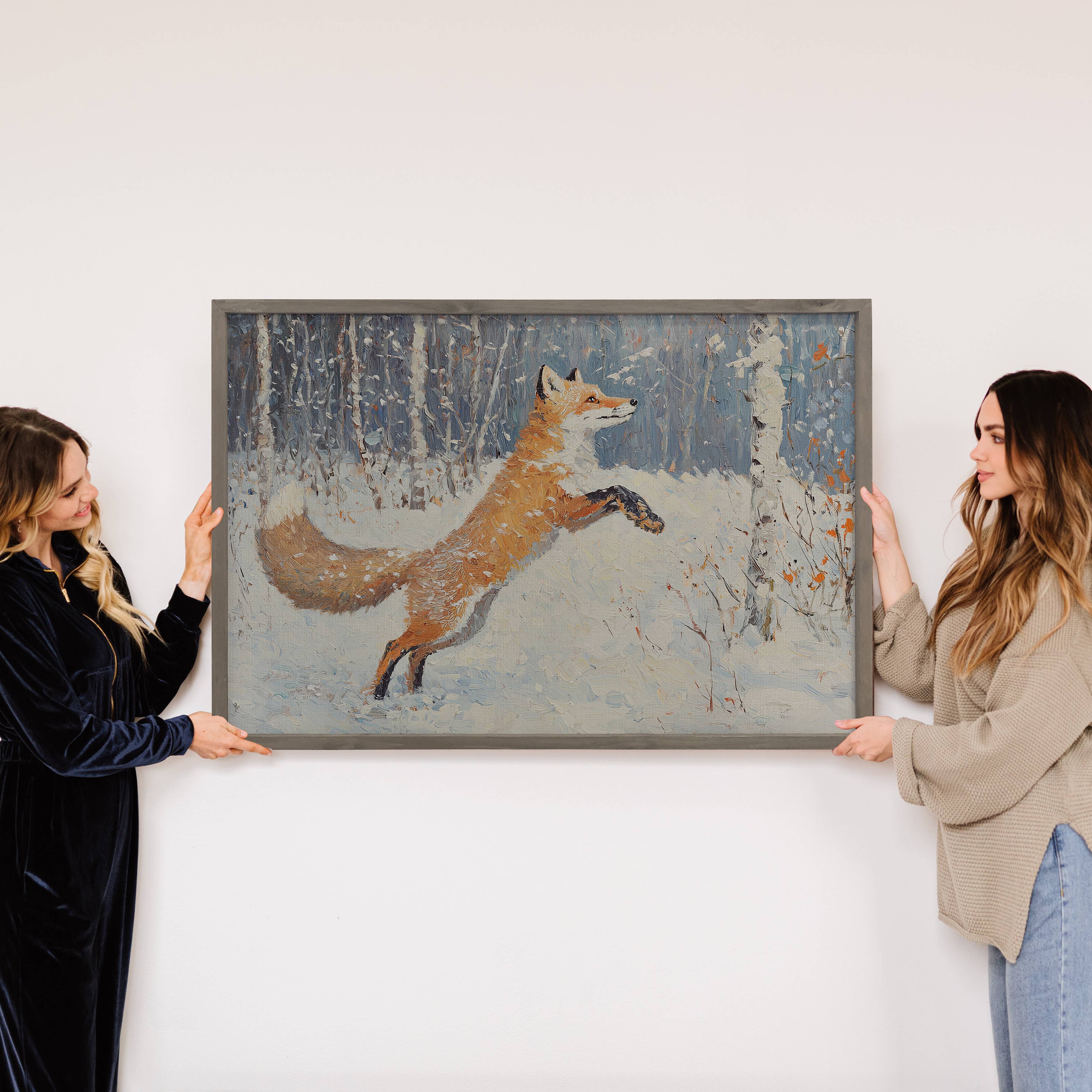 Winter Leaping Fox - Fox Canvas Art - Wood Framed Wall Art