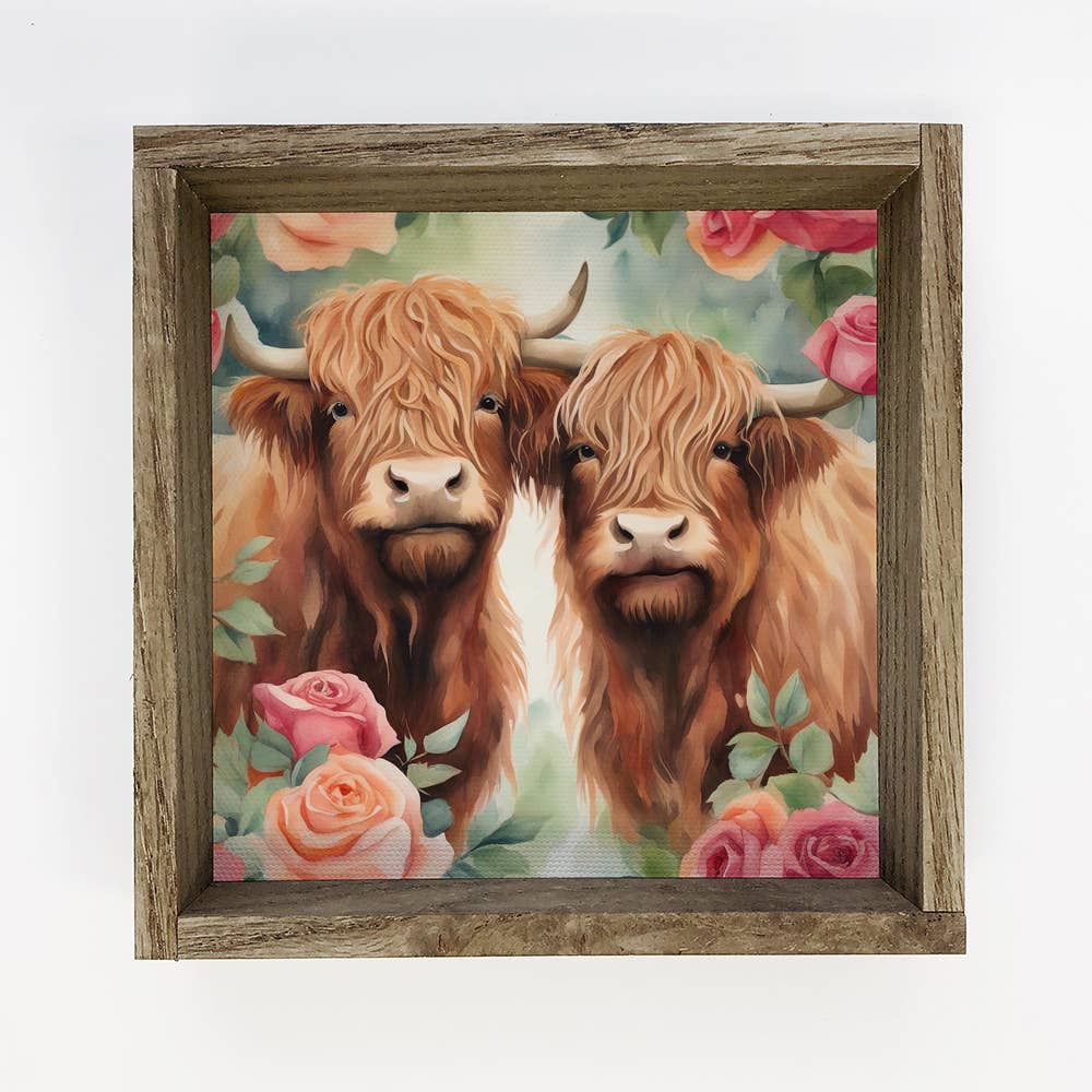 Highland Cow Pair Roses - Spring Time Highland Cow Canvas