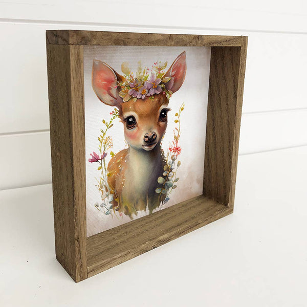 Cute Flower Deer - Nursery Art With Rustic Wood Frame