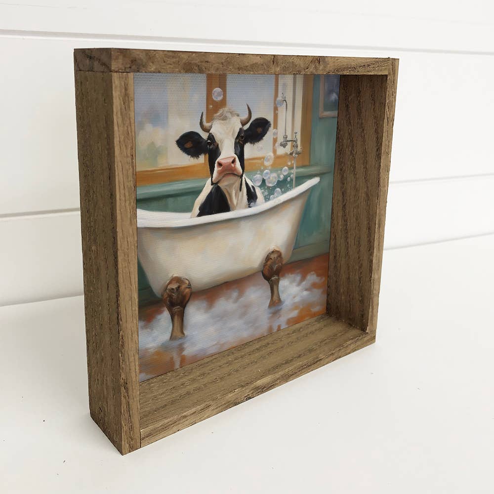 Cow in Bathtub - Cute Animal Wall Art - Wood Framed Canvas