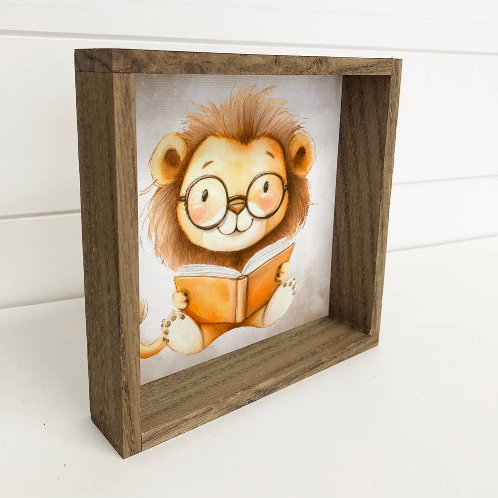 Lion Reading Book - Cute Lion Canvas Art - Wood Framed Art