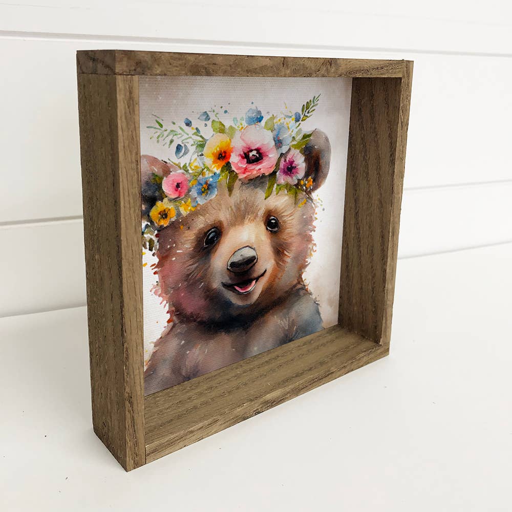 Cute Flower Bear - Bear -Nursery Art with Rustic Wood Frame