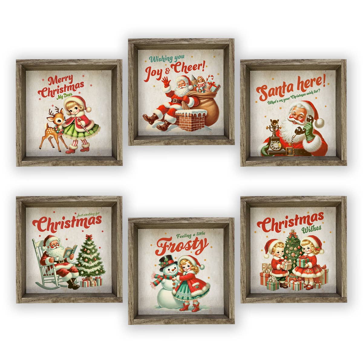 Set of 6 Vintage 1950s Christmas Signs with Retro Santa