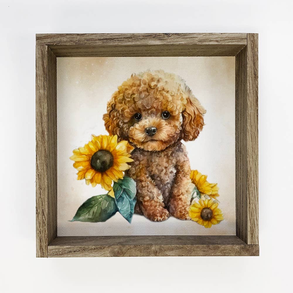 Sunflower Golden Doodle - Cute Puppy and Flowers - Fall Art