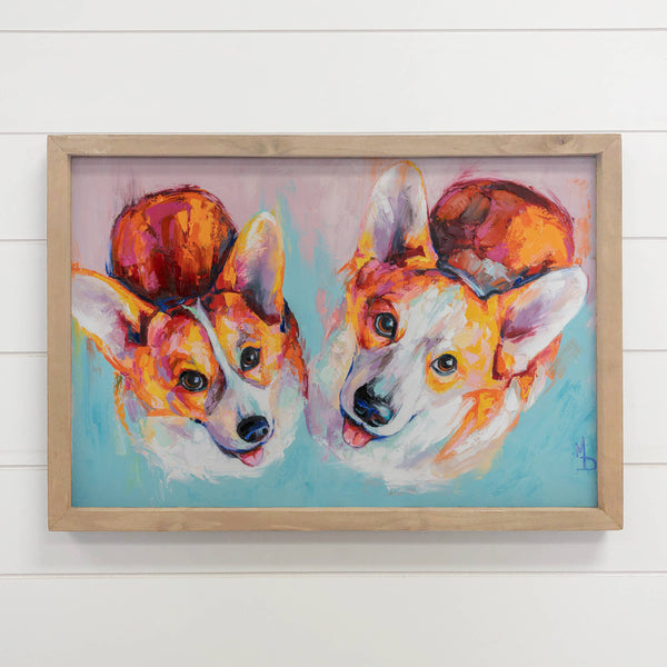 Colorful Two Corgis - Framed Art - Pet Grooming Wall Art