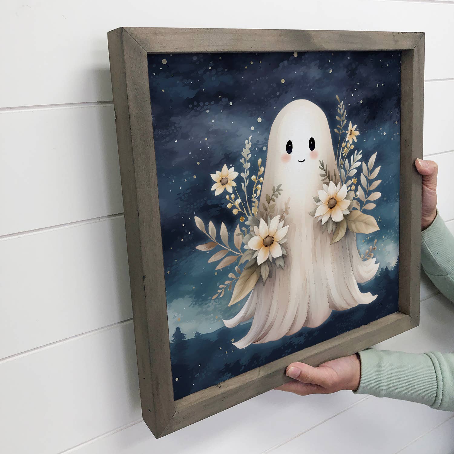 Cute Ghost With Flowers - Halloween Canvas Art - Framed Art