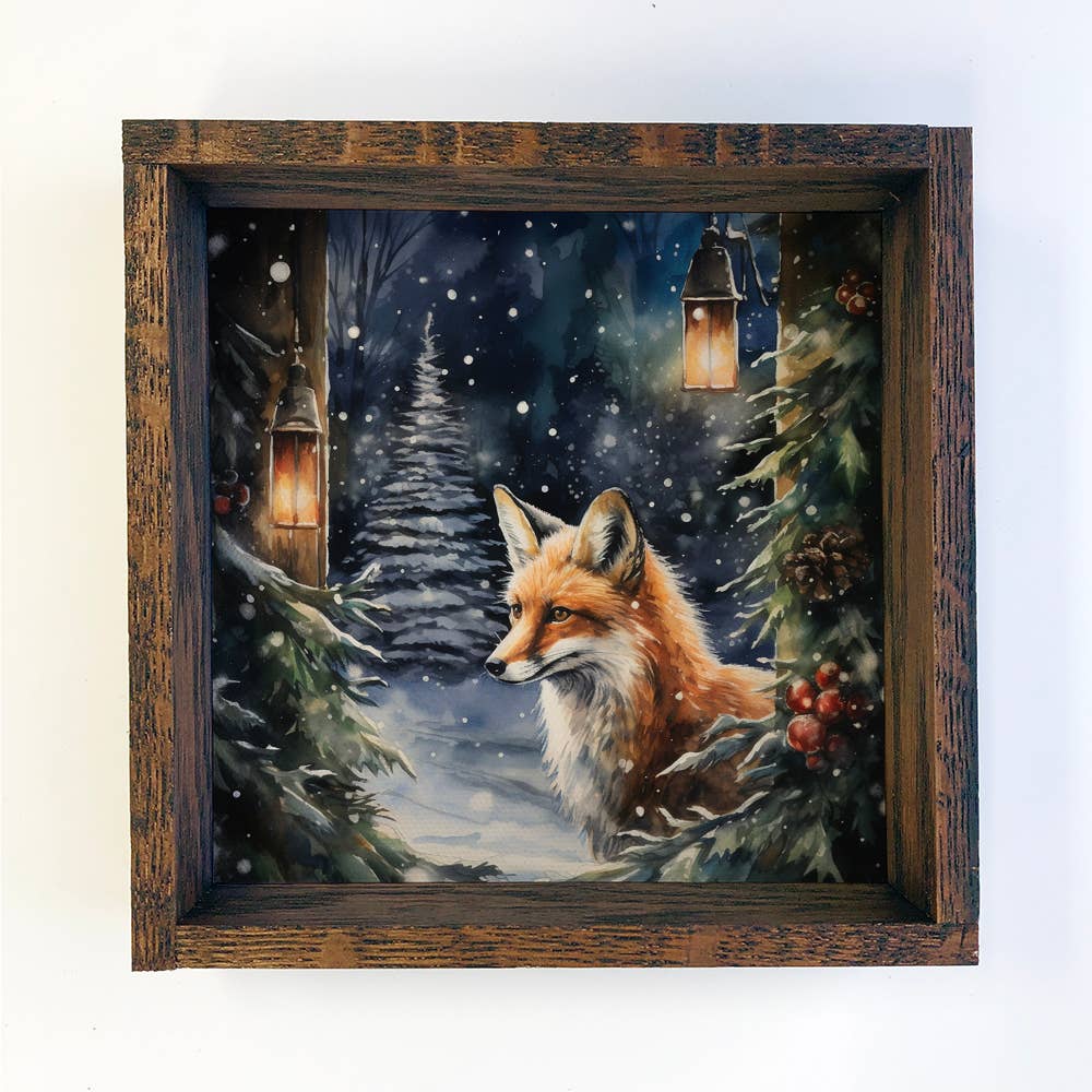 Winter Watercolor Fox in Pines - Fox Canvas Art - Wood Frame