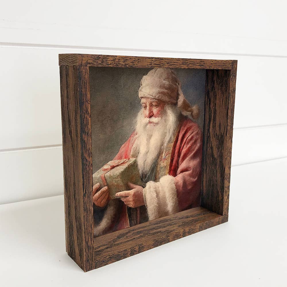 Vintage Santa Holding Gift - Rustic Holiday Canvas Wall Art