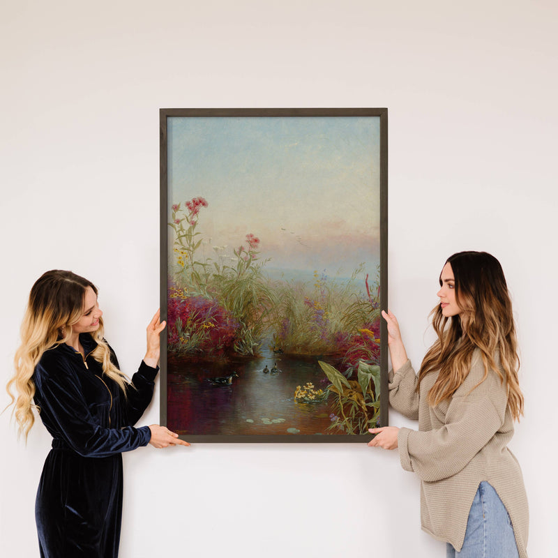 Blooming River Flowers - River Landscape Canvas Art - Framed