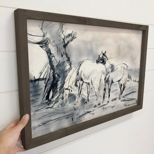 Horses Sketch - Framed Animal Decor - Ranch House Wall Art