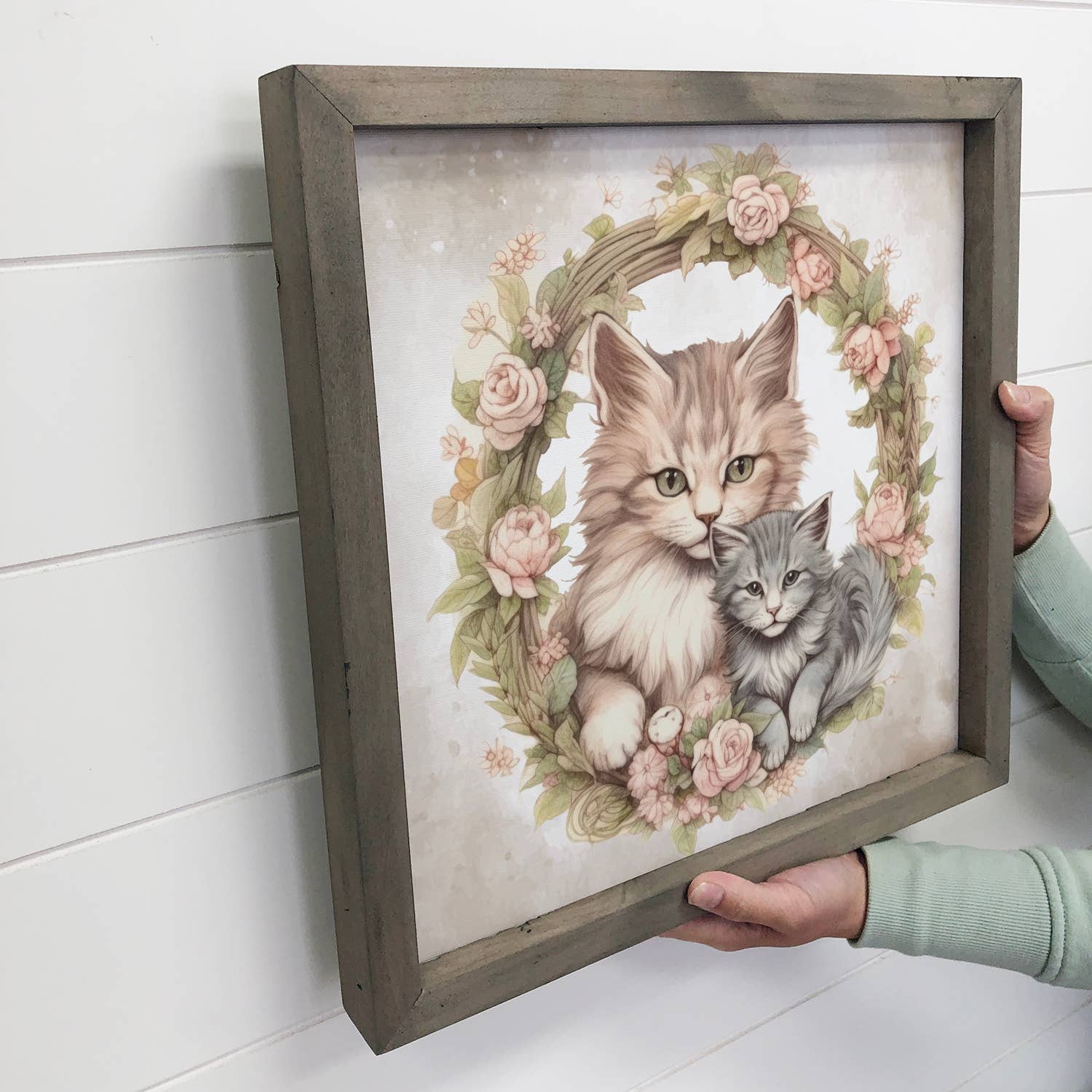 Mother Baby Gray Cat - Cat Canvas Art - Wood Framed Decor