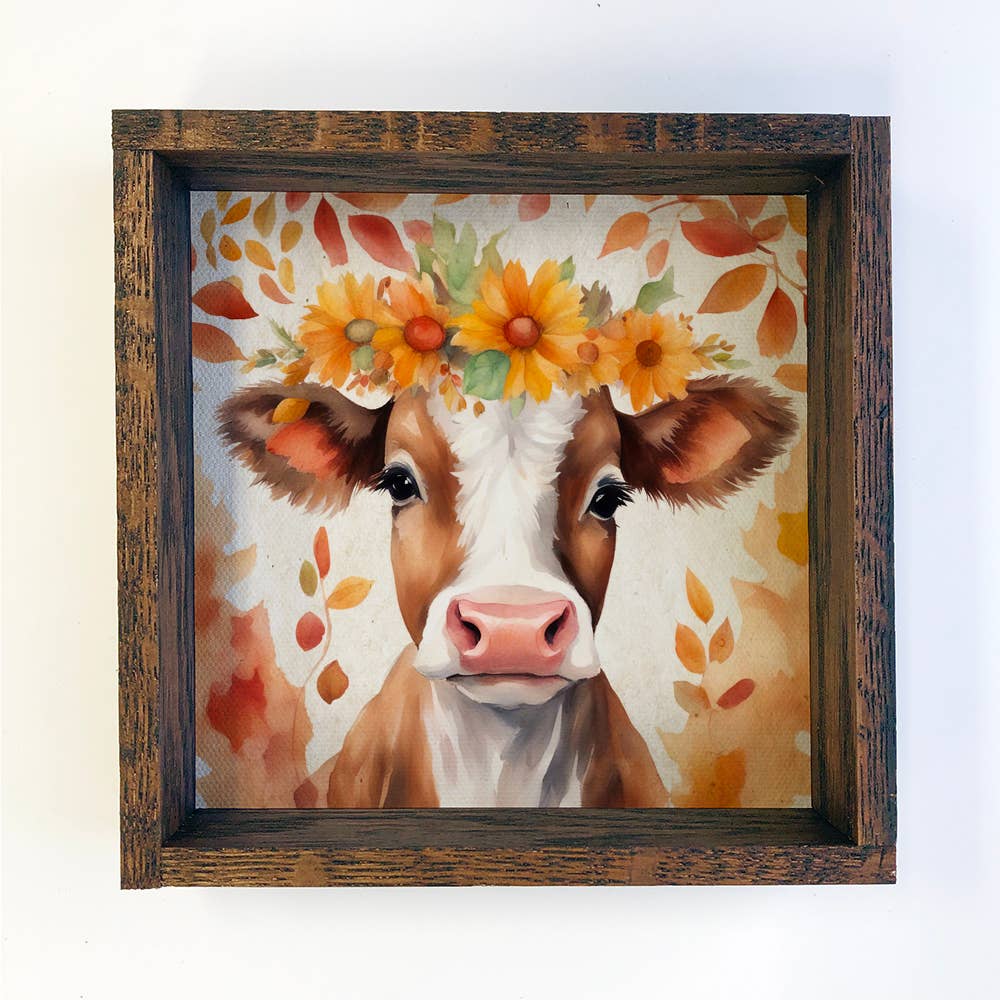 Fall Farm Animal Cow - Wood Framed Cute Animal Canvas Art