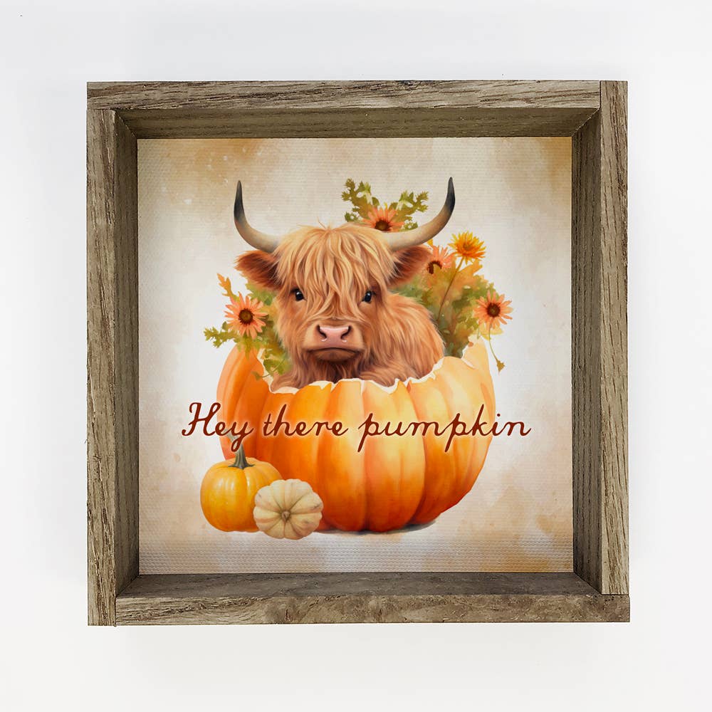 Hey There Pumpkin - Cute Fall Highland Cow - Framed Wall Art